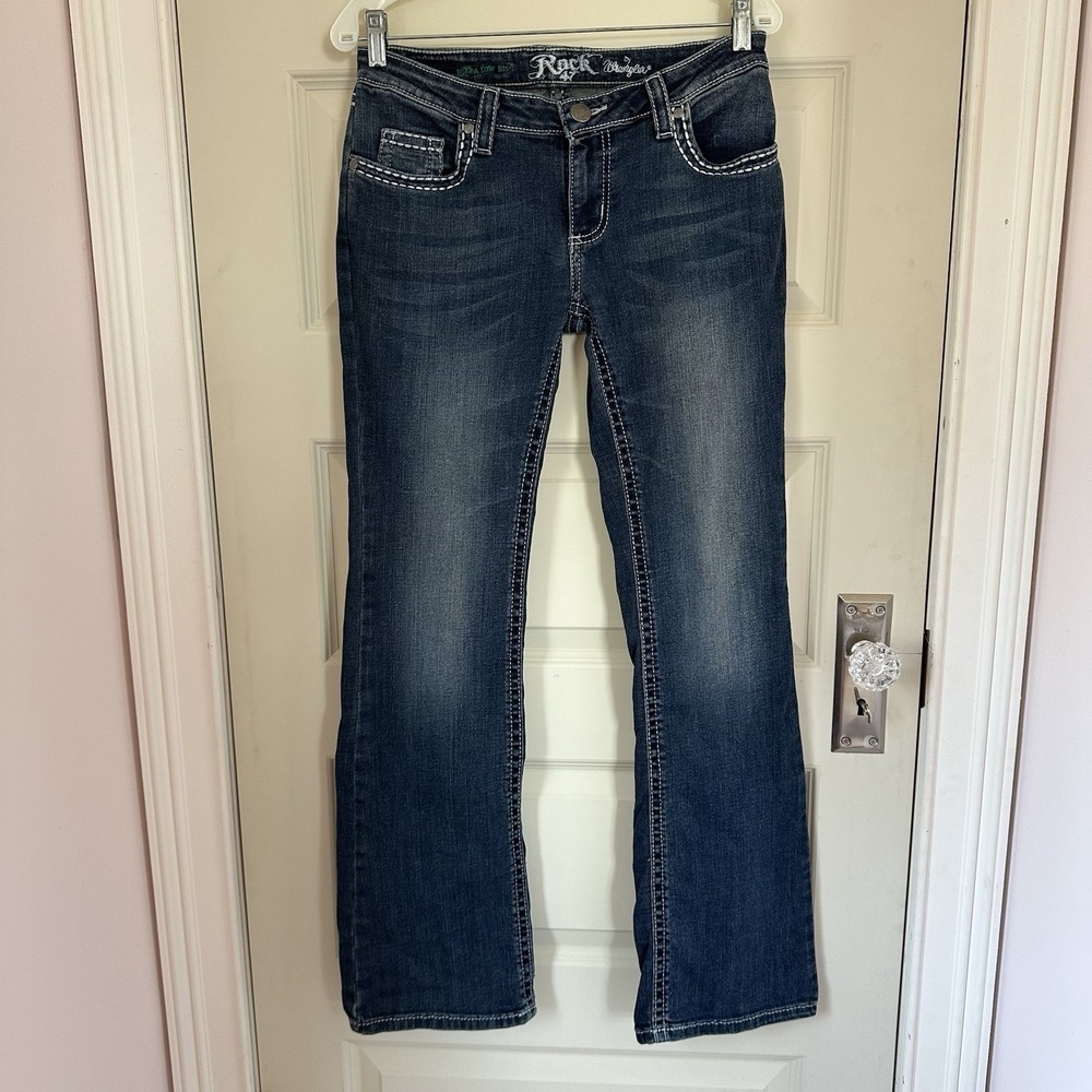 Wrangler Rock 47 Jeans Cowgirl Western Boot Cut‎ Low Rise Med Wash Stretch 27X32